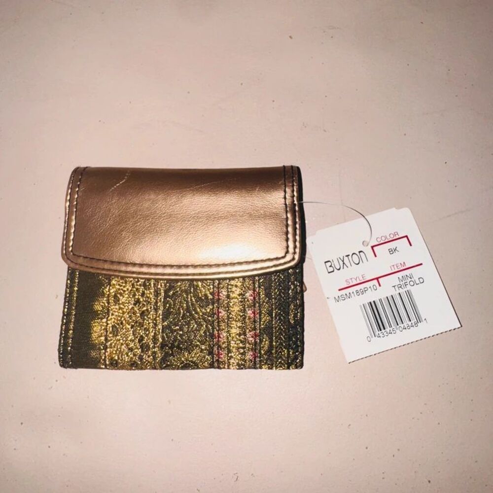 Buxton Mini Trifold Wallet RFID Gold Brocade New With Tags